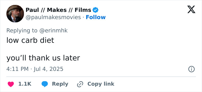 Screenshot of a tweet replying to a low carb diet recommendation with a humorous clap back message.