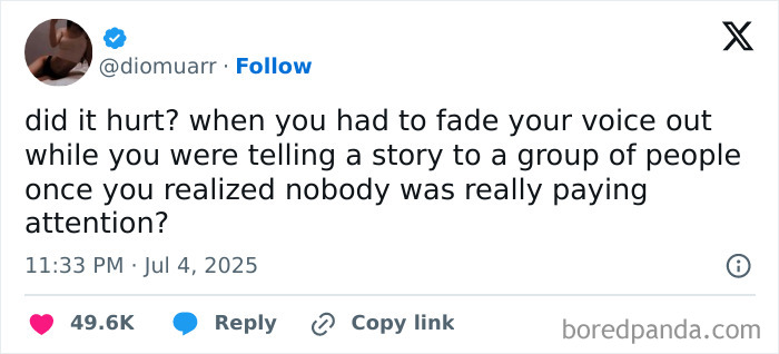 Tweet humor about fading voice while telling a story, part of hilarious tweets collection from July.