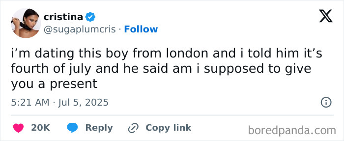 Screenshot of a hilarious tweet about a July 4th misunderstanding, showcasing popular funny tweets from July.