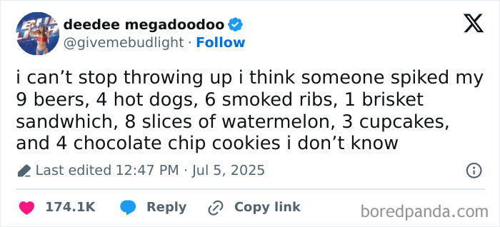 Tweet with hilarious food list and exaggerated reaction, highlighting humor in viral tweets from July collections.