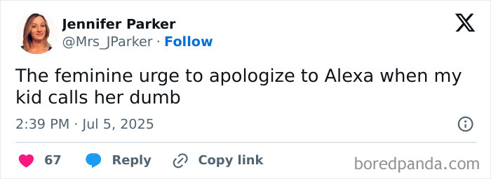 Screenshot of a funny tweet by a mom apologizing to Alexa after her kid calls it dumb, showcasing humorous parenting tweets.