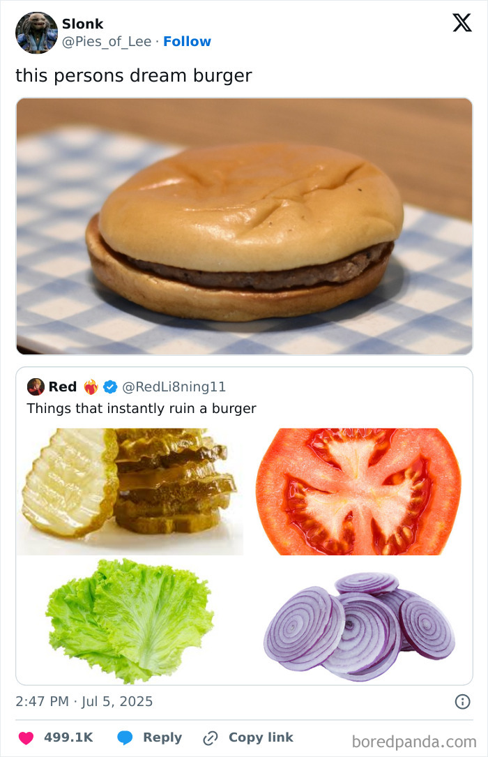 Tweet showing a plain burger with images of pickles, tomato, lettuce, and onions as hilarious tweet content.
