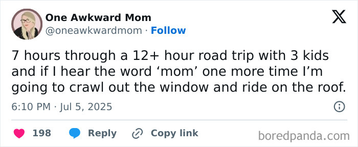 Tweet from a mom humorously describing a chaotic 12-hour road trip with kids, highlighting funny parenting moments.