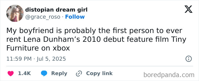 Tweet text about renting Lena Dunham’s 2010 debut film on Xbox, shared in a humorous viral post from July.