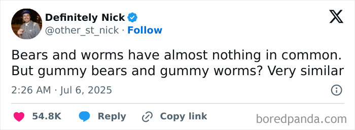 Screenshot of a hilarious July tweet comparing bears and worms with gummy bears and gummy worms, showcasing viral humor.