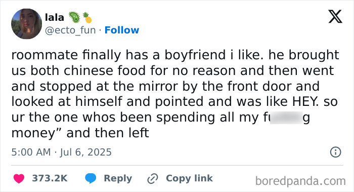 Tweet about a funny roommate moment with Chinese food, capturing humorous vibes from hilarious July tweets.