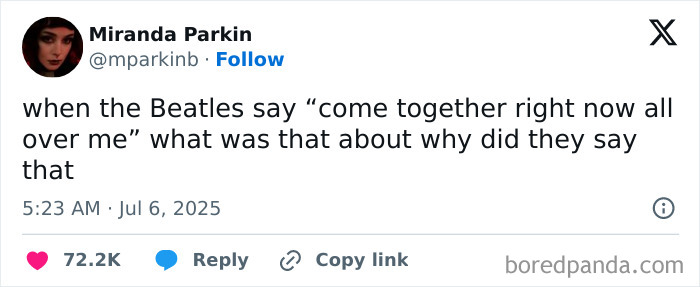 Screenshot of a hilarious tweet from July with a witty question about the Beatles, showcasing popular funny social media content.