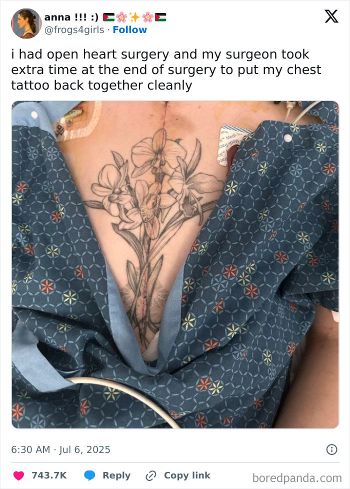 Close-up of a chest tattoo carefully aligned over a surgical scar, illustrating important positivity after surgery recovery.