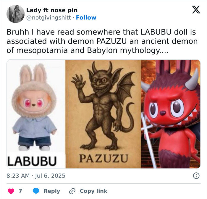 Tweet showing a Labubu doll alongside ancient Pazuzu demon images, highlighting dark conspiracy concerns about Labubu.