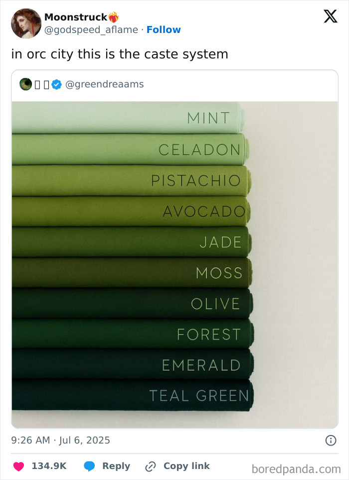 Stack of neatly folded green fabric shades labeled from mint to teal green, featured in hilarious tweets collection.