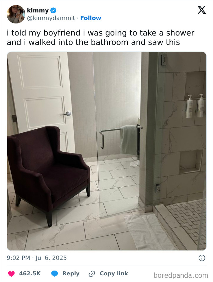 Tweet showing a bathroom with a dark armchair inside, illustrating a funny moment from hilarious tweets in July.
