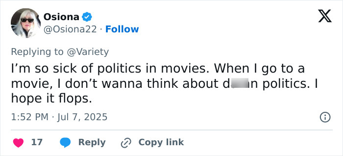 Screenshot of a tweet expressing frustration with politics in movies, referencing a woke Superman reboot flop.