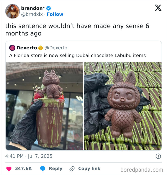 Hand holding a chocolate drink topped with a chocolate figure, showcasing random and chaotic memes with humorous appeal.