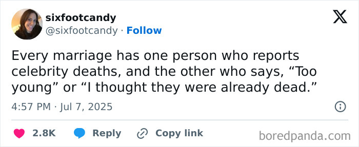 Tweet about marriage roles in reporting celebrity deaths, featured in a collection of hilarious tweets from July.