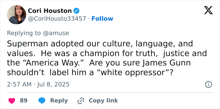 Tweet by user Cori Houston criticizing the woke Superman reboot in early reviews amid flop claims.