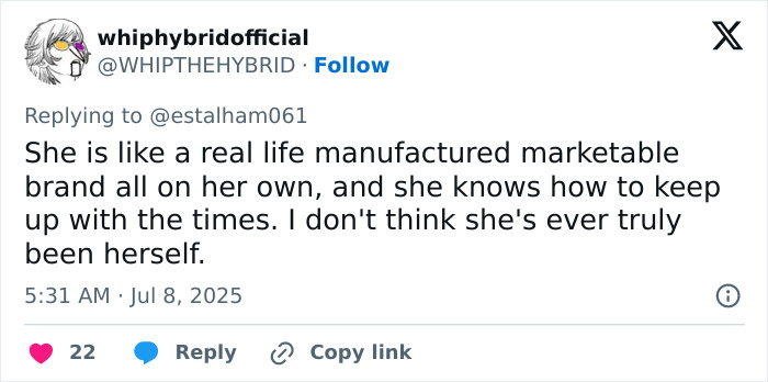 Tweet discussing JoJo Siwa&rsquo;s trad wife transformation and its impact on her straight pop music image.