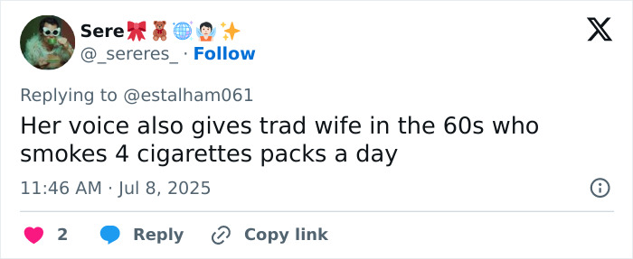 Tweet discussing trad wife transformation with a sarcastic comment about smoking and 60s lifestyle related to JoJo Siwa straight pop genre.