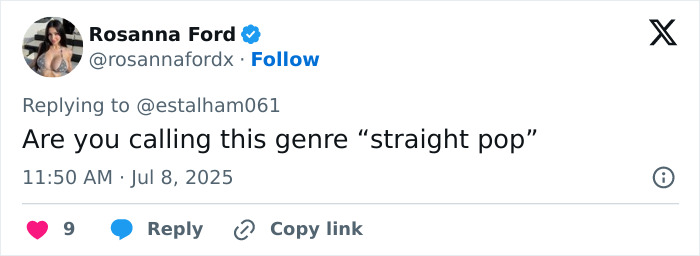 Tweet from Rosanna Ford questioning the term straight pop in a reply on social media dated July 8, 2025.