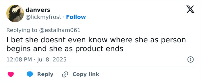 Tweet from user danvers expressing skepticism about a person&rsquo;s identity amid JoJo Siwa trad wife transformation controversy.