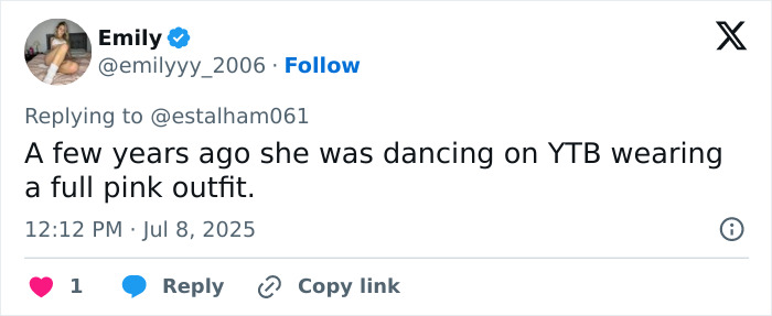 Tweet by Emily discussing JoJo Siwa's past dancing style contrasting with her trad wife transformation sparking straight pop debate.