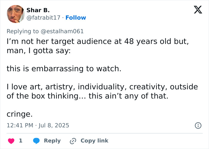 Tweet criticizing JoJo Siwa's trad wife transformation, sparking debate on straight pop genre and artistic individuality.