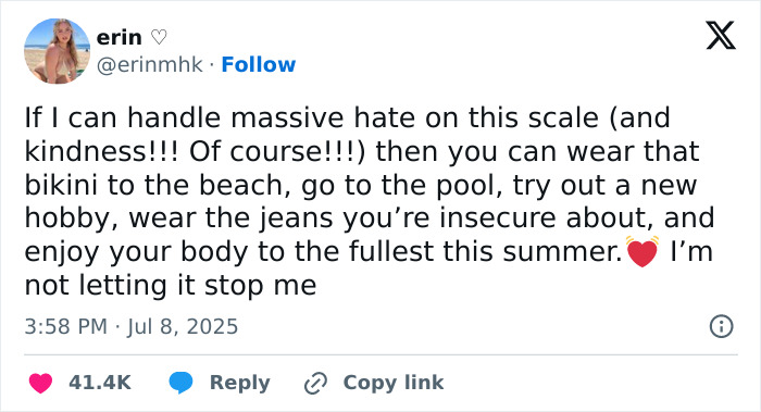 Tweet from plus-size model encouraging confidence despite fatphobic hate, promoting self-love and body positivity this summer.