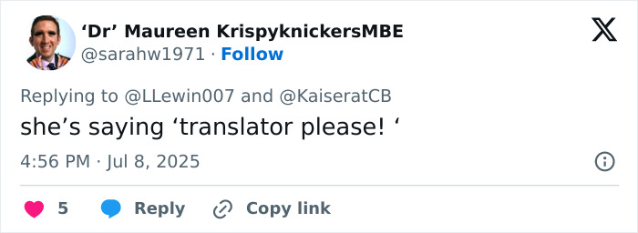 Screenshot of a tweet revealing lip reader's interpretation of Brigitte Macron's words to Kate Middleton during France visit. Screenshot of a tweet revealing lip reader's interpretation of Brigitte Macron's words to Kate Middleton during France visit.