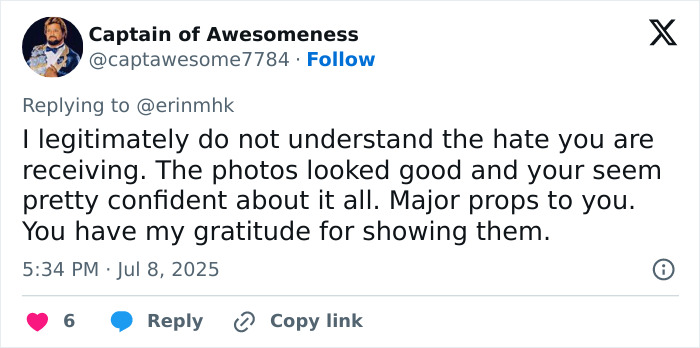 Tweet highlighting support for a plus-size model confidently addressing fatphobic critics online.