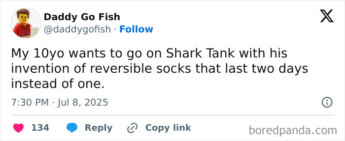 Funny tweet from a dad about his 10-year-old's reversible sock invention, highlighting humor in parenting chaos.