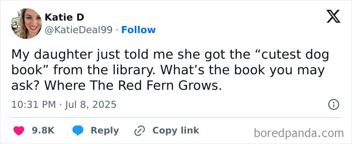Tweet from a mom sharing a funny parenting moment about her daughter and a dog book from the library during chaotic times.