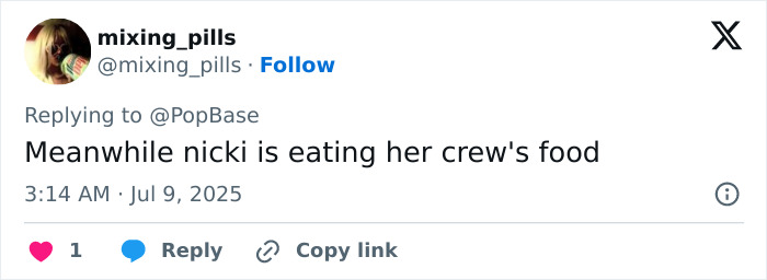 Screenshot of a social media reply referencing Olivia Rodrigo's caring gesture for her crew sparking mixed reactions. Screenshot of a social media reply referencing Olivia Rodrigo's caring gesture for her crew sparking mixed reactions.