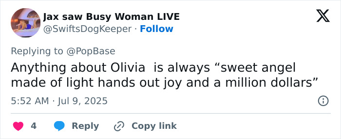 Tweet discussing Olivia Rodrigo’s caring gesture for her crew and the mixed reactions after a team member speaks out. Tweet discussing Olivia Rodrigo’s caring gesture for her crew and the mixed reactions after a team member speaks out.