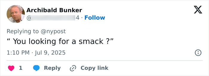 Twitter reply from Archibald Bunker saying You looking for a smack, related to lip reader revealing Brigitte Macron's words. Twitter reply from Archibald Bunker saying You looking for a smack, related to lip reader revealing Brigitte Macron's words.