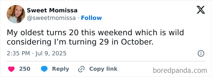 Tweet from a mom sharing a funny personal milestone, highlighting humor in parenting chaos and daily life moments.