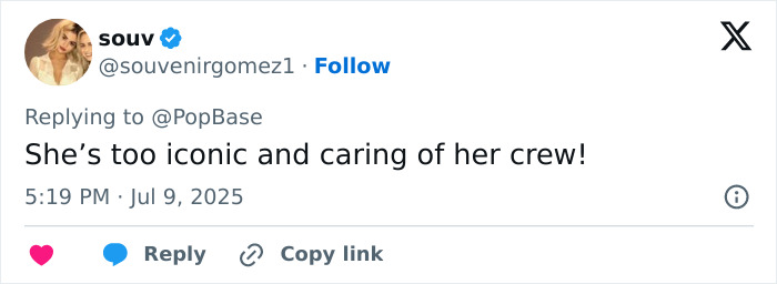 Tweet praising Olivia Rodrigo's caring gesture for her crew, sparking mixed reactions after team member speaks out. Tweet praising Olivia Rodrigo's caring gesture for her crew, sparking mixed reactions after team member speaks out.