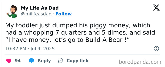 Tweet from a dad humorously sharing his toddler's piggy bank coins and playful plan to visit Build-A-Bear.