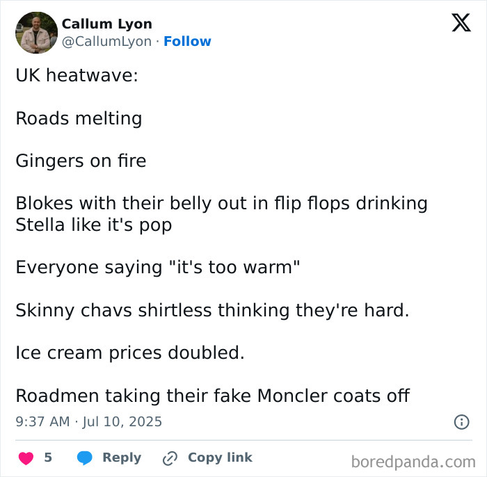 Tweet humorously describing a UK heatwave with melting roads, summer stereotypes, and doubled ice cream prices.