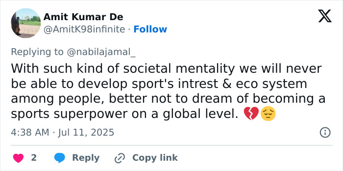 Tweet discussing societal mentality affecting sports interest and ecosystem amid outrage over male ego in tennis pro case Tweet discussing societal mentality affecting sports interest and ecosystem amid outrage over male ego in tennis pro case
