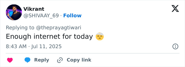 Twitter user Vikrant replying with a sad emoji, expressing frustration about online reactions to a tennis pro shooting incident. Twitter user Vikrant replying with a sad emoji, expressing frustration about online reactions to a tennis pro shooting incident.