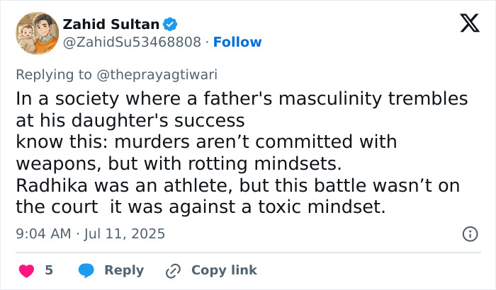 Screenshot of a tweet discussing toxic masculinity and a father's ego in the context of a female athlete's tragic death. Screenshot of a tweet discussing toxic masculinity and a father's ego in the context of a female athlete's tragic death.