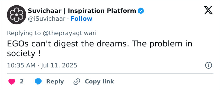Tweet from Suvichaar on male ego and societal issues, posted on July 11, 2025, discussing ego and dreams in society. Tweet from Suvichaar on male ego and societal issues, posted on July 11, 2025, discussing ego and dreams in society.