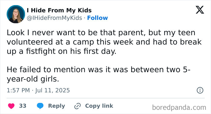 Tweet from a parent humorously describing their teen breaking up a fistfight between two 5-year-old girls at summer camp.