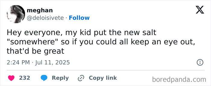 Screenshot of a funny tweet from a mom humorously asking followers to watch out for missing salt in parenting chaos.
