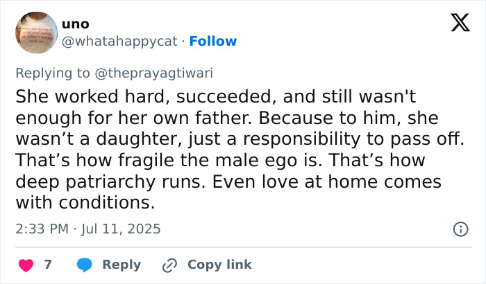 Tweet discussing fragile male ego and patriarchy in context of a father’s rejection of his hardworking daughter. Tweet discussing fragile male ego and patriarchy in context of a father’s rejection of his hardworking daughter.
