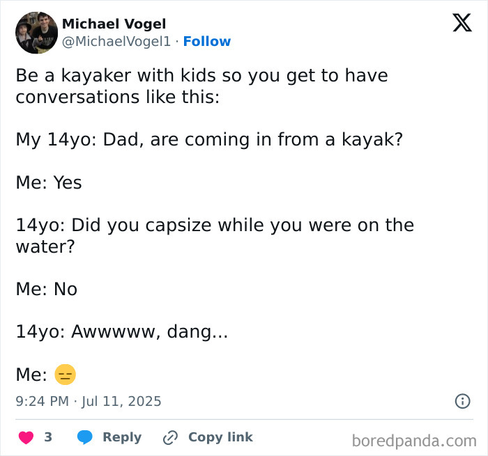 Tweet from a parent sharing a funny conversation with their 14-year-old child about kayaking and parenting humor.