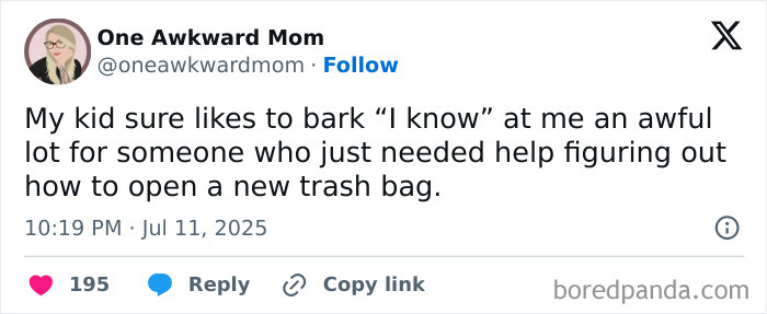 Screenshot of a funny tweet from a parent sharing a humorous moment about parenting chaos and kids’ behavior.