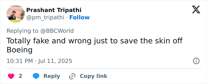 Screenshot of a tweet claiming an Air India pilot deliberately shut off fuel while staying composed as copilot panicked.