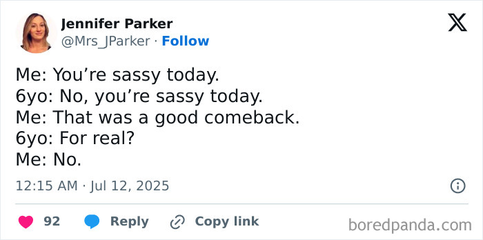 Tweet from a mom humorously sharing a sassy exchange with her 6-year-old amidst parenting chaos.