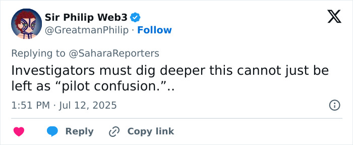 Tweet from Sir Philip Web3 urging deeper investigation into Air India pilot incident, highlighting pilot confusion concerns.