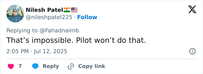 Tweet from Nilesh Patel reacting with disbelief to claims about Air India pilot deliberately shutting off fuel while copilot panicked.